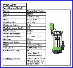 ProKleen Submersible Electric Water Pump 1100w 10M Heavy Duty Hose Clean Dirty