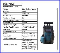 Submersible Water Pump Electric Dirty Clean Pond Pool Flood with 25m Hose 750W